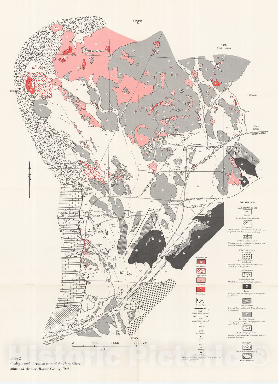 Map : Hydrothermal alteration near the Horn Silver mine, Beaver County, Utah, 1967 Cartography Wall Art :