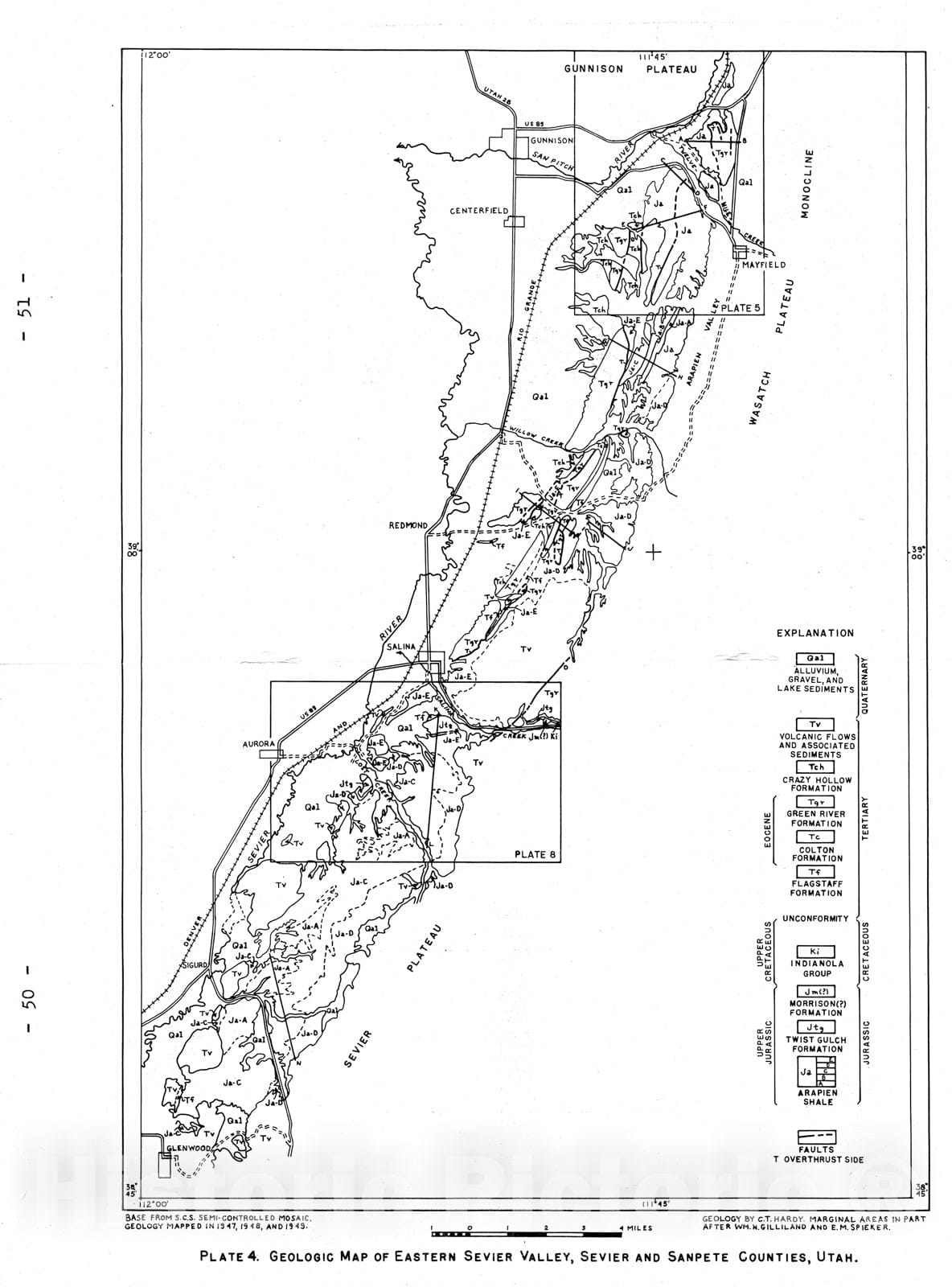 Map : Eastern Sevier Valley, Sevier and Sanpete Counties, Utah, 1952 Cartography Wall Art :