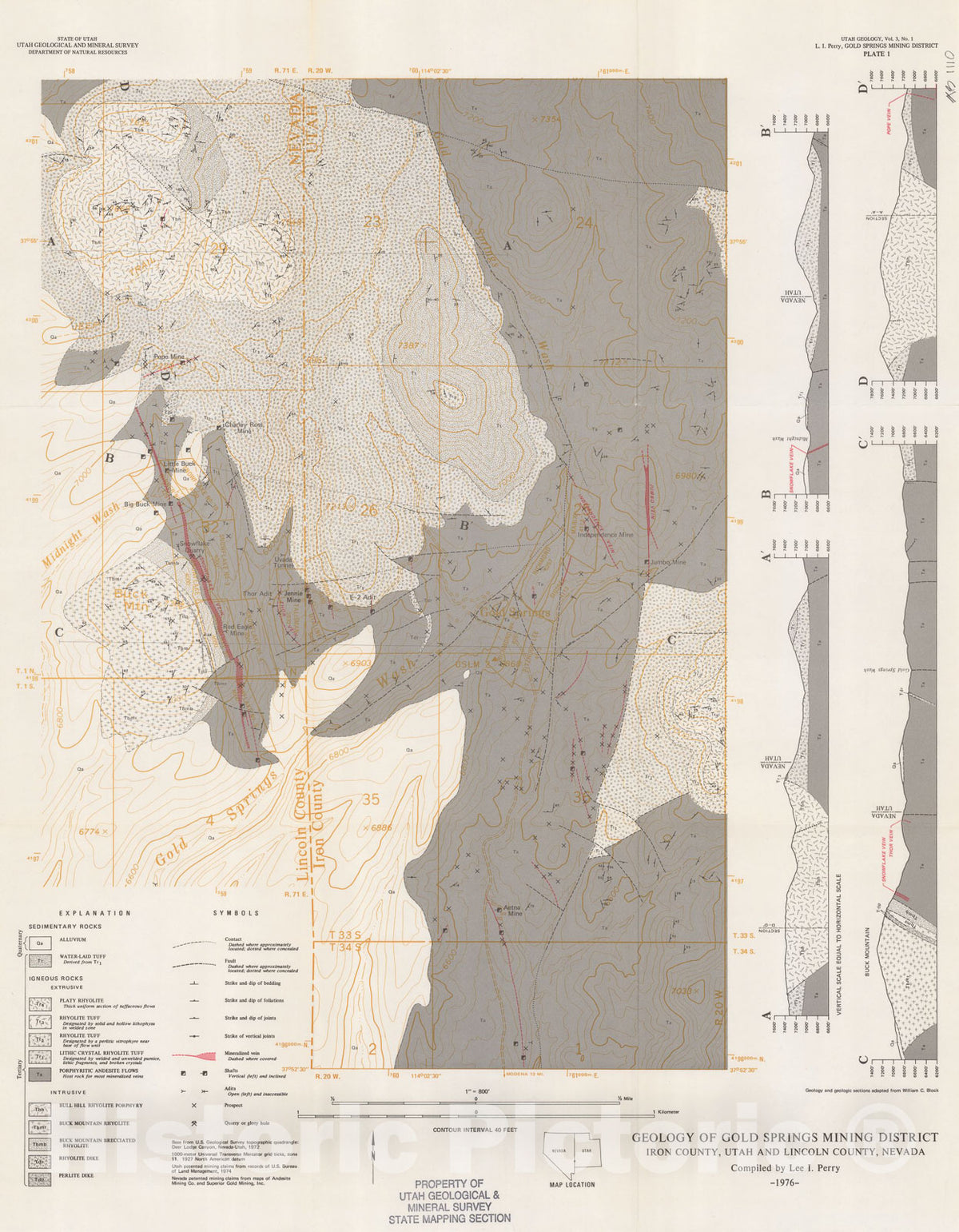 Map : Gold Springs mining district, Iron County, Utah, and Lincoln County, Nevada, 1976 Cartography Wall Art :