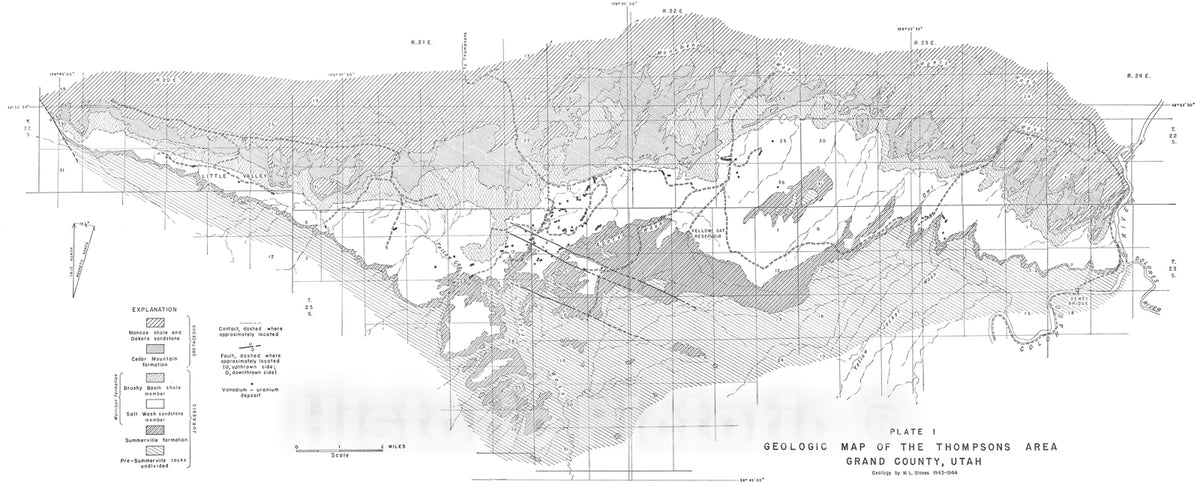 Map : Uranium-vanadium deposits of the Thompsons area, Grand County, Utah, with emphasis on the origin of carnotite ores, 1952 Cartography Wall Art :