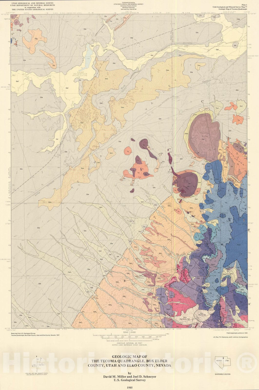 Map : Geologic map of the Tecoma quadrangle, Box Elder County, Utah, and Elko County, Nevada, 1985 Cartography Wall Art :