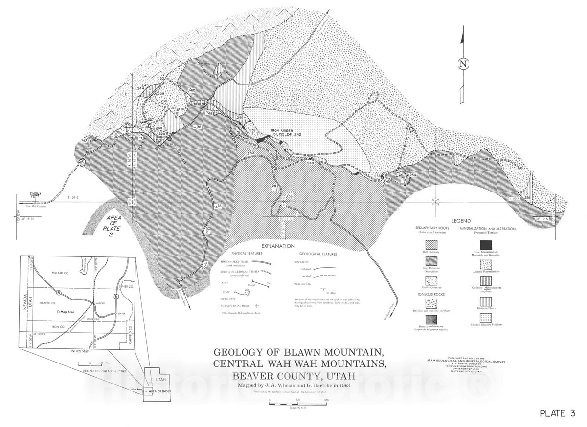 Map : Hydrothermal alteration and mineralization in the Staats mine and Blawn Mountain areas, [Geology of Blawn Mountain] , 1965 Cartography Wall Art :
