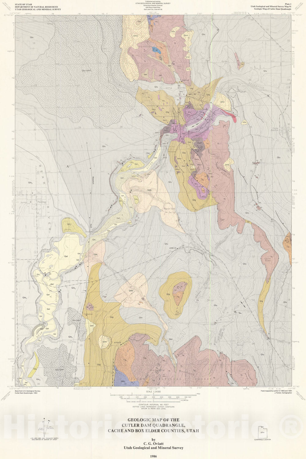 Map : Geologic map of the Cutler Dam quadrangle, Box Elder and Cache Counties, Utah, 1986 Cartography Wall Art :