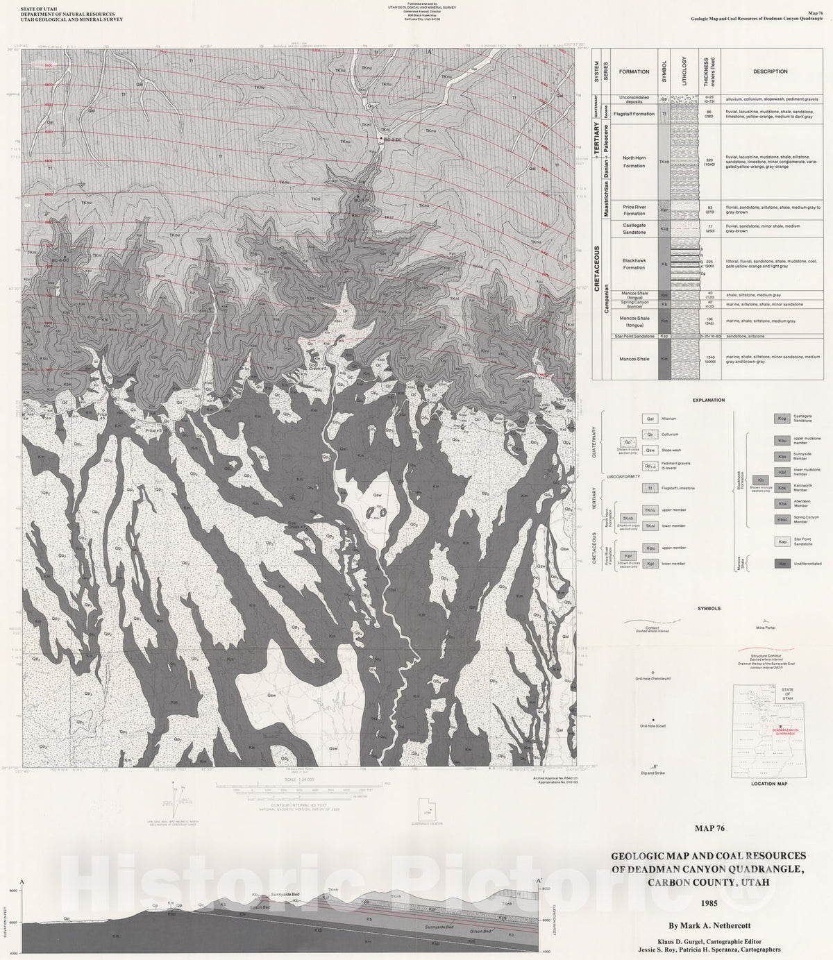 Map : Geologic map and coal resources of the Deadman Canyon quadrangle, Carbon County, Utah, 1985 Cartography Wall Art :
