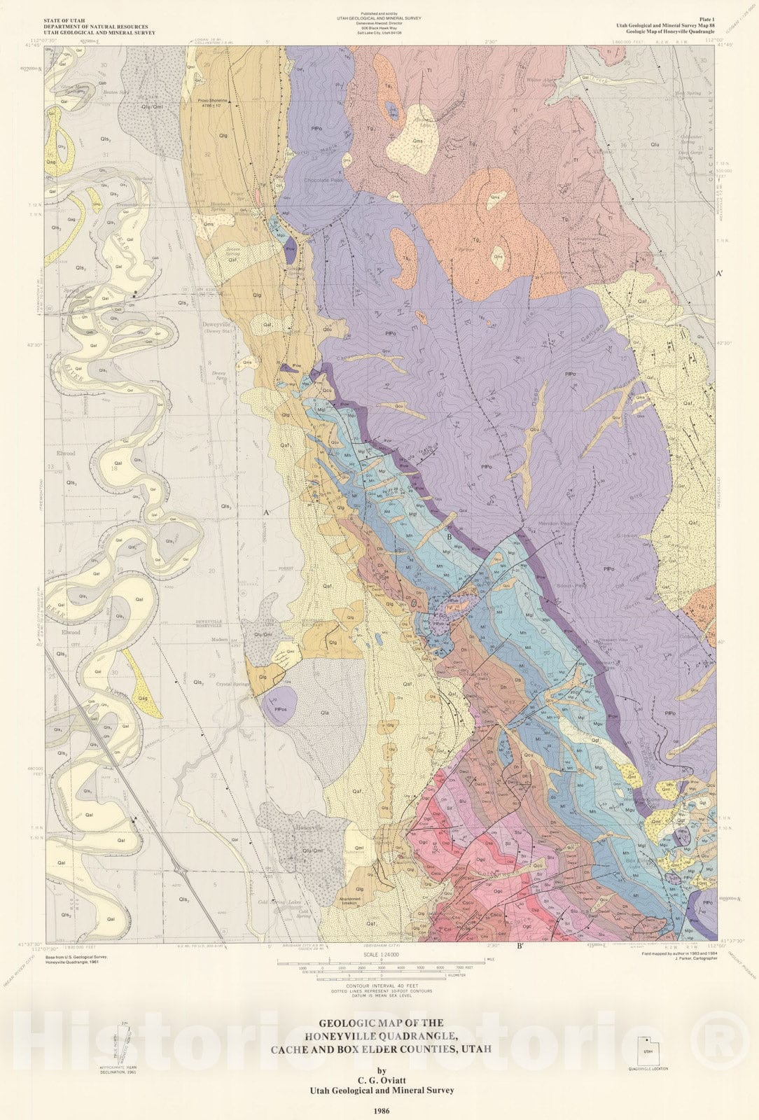Map : Geologic map of the Honeyville quadrangle, Box Elder and Cache Counties, Utah, 1986 Cartography Wall Art :