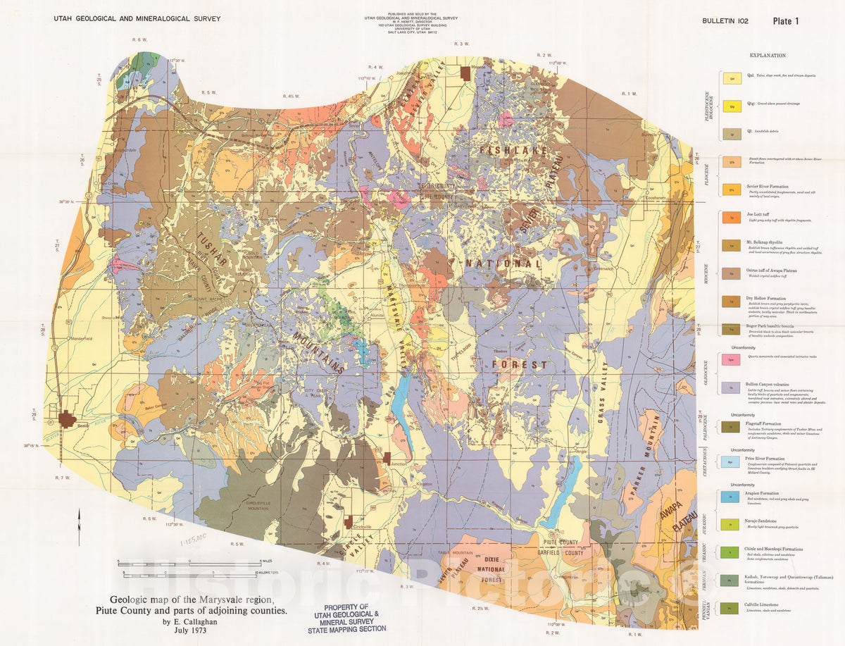 Map : Geologic map of the Marysvale region, Piute County and parts of adjoining counties, 1973 Cartography Wall Art :
