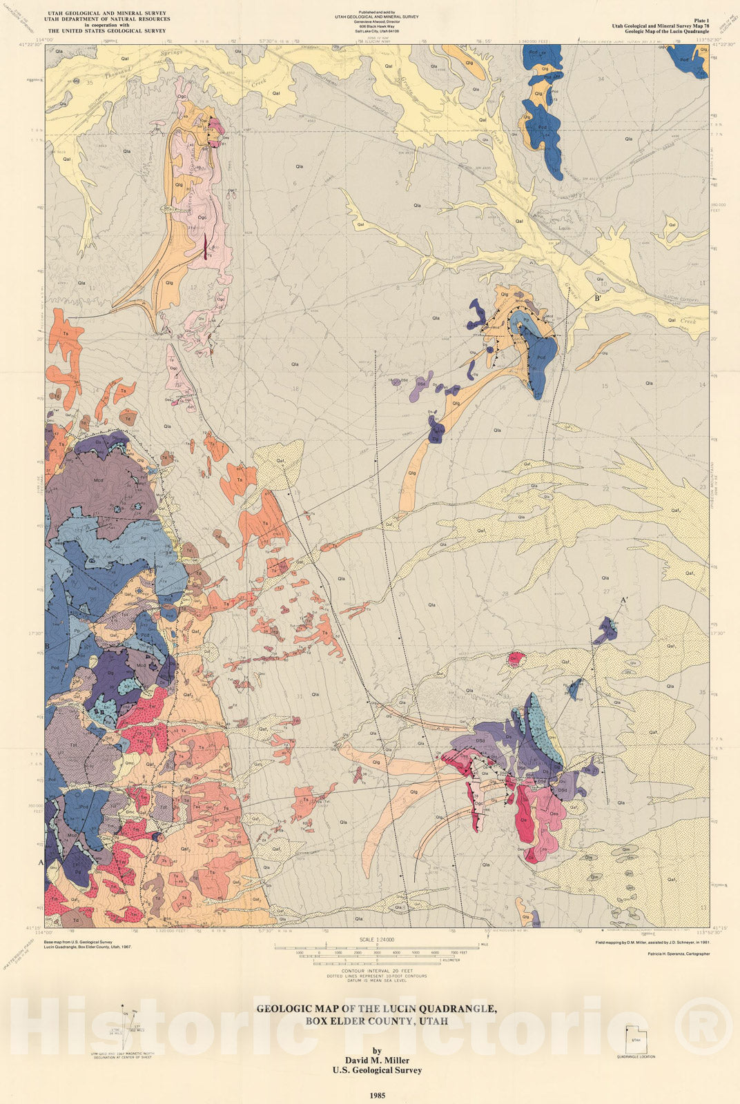 Map : Geologic map of the Lucin quadrangle, Box Elder County, Utah, 1985 Cartography Wall Art :