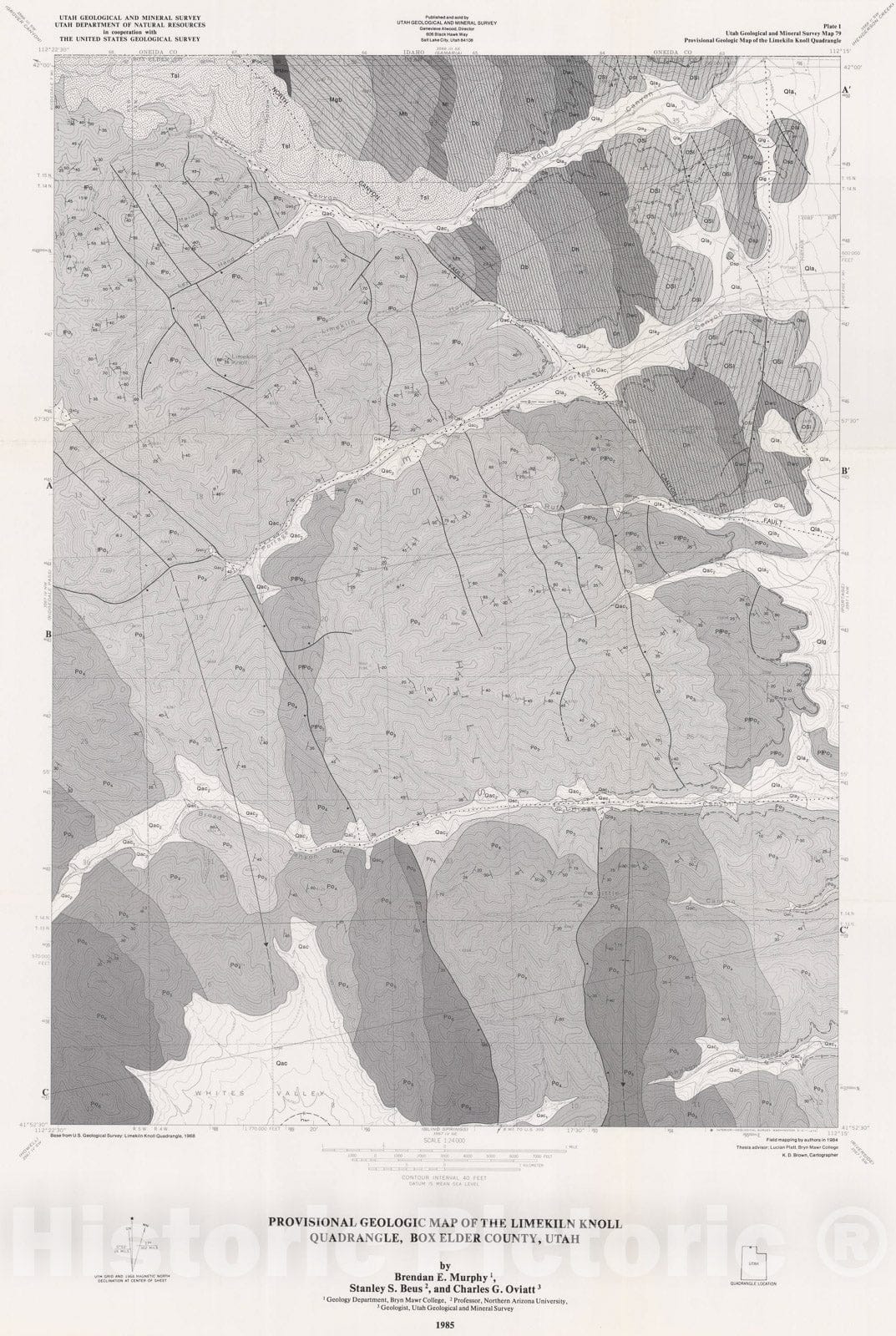 Map : Provisional geologic map of the Limekiln Knoll quadrangle, Box Elder County, Utah, 1985 Cartography Wall Art :