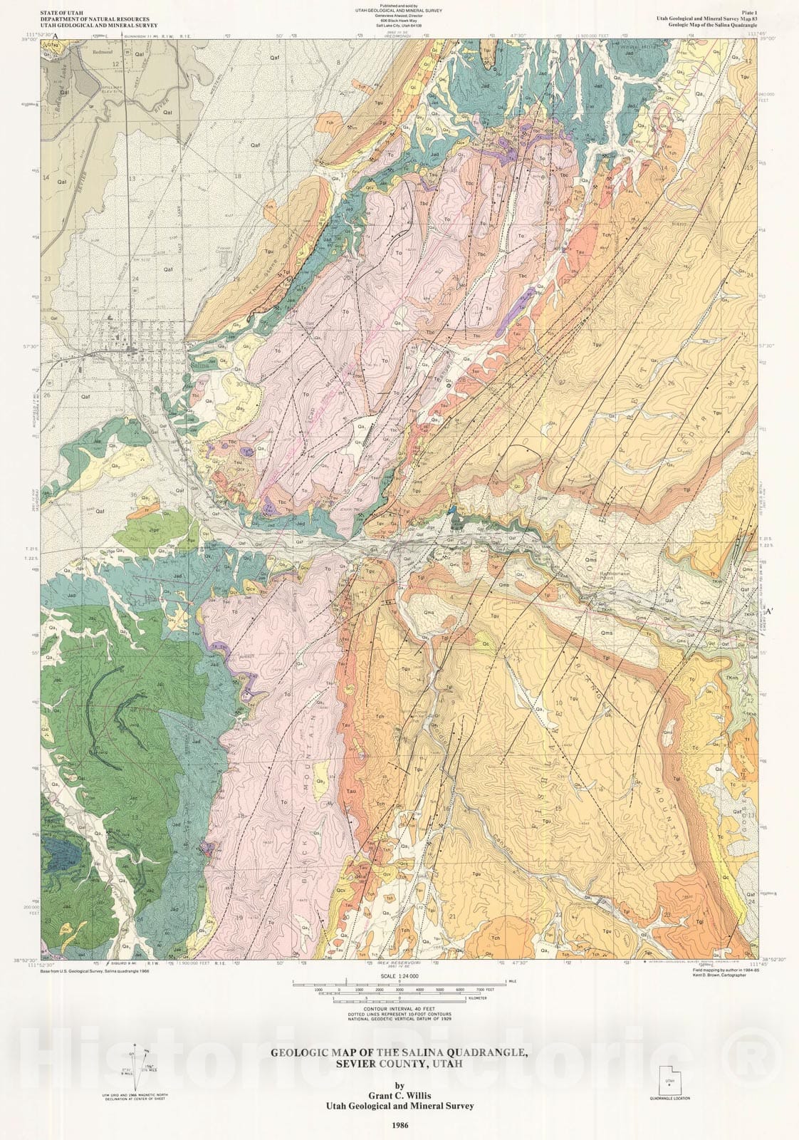 Map : Geologic map of the Salina quadrangle, Sevier County, Utah, 1986 Cartography Wall Art :