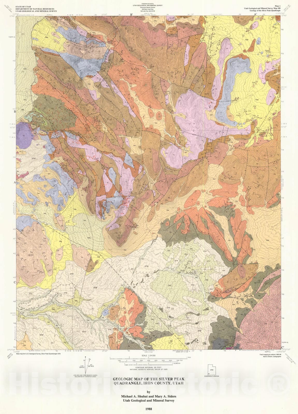 Map : Geologic map of the Silver Peak quadrangle, Iron County, Utah, 1988 Cartography Wall Art :