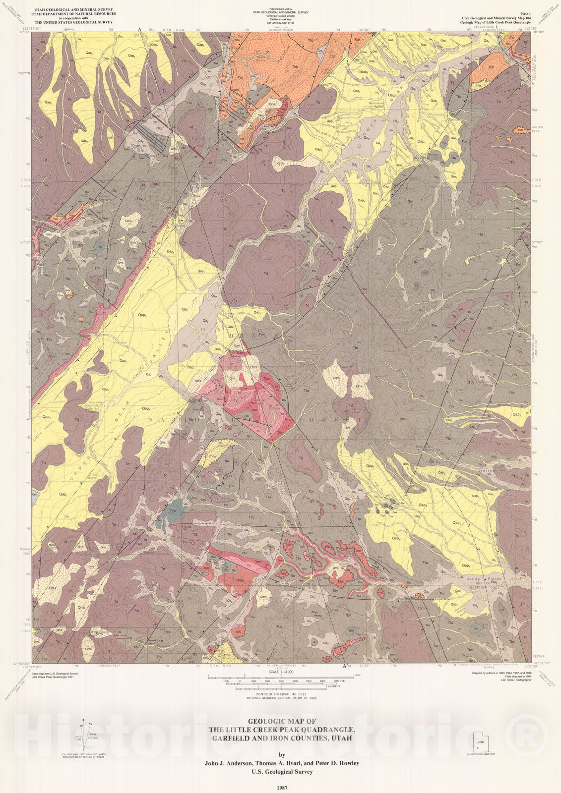 Map : Geologic map of the Little Creek Peak quadrangle, Garfield and Iron Counties, Utah, 1987 Cartography Wall Art :