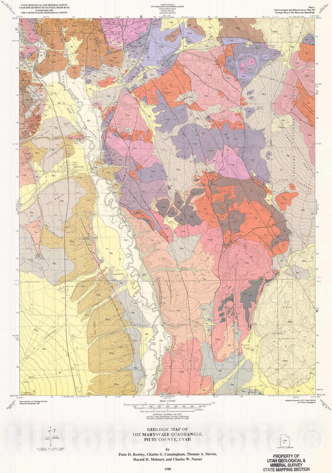 Map : Geology map of the Marysvale quadrangle, Piute County, Utah, 1988 Cartography Wall Art :
