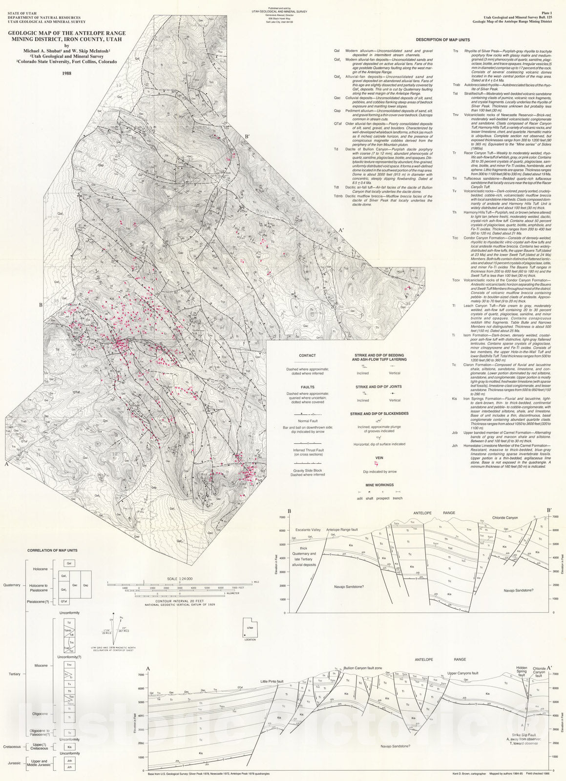 Map : Geology and mineral potential of the Antelope Range mining district, Iron County, Utah, 1988 Cartography Wall Art :
