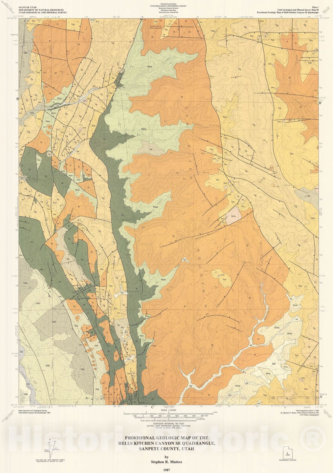 Map : Provisional geologic map of the Hells Kitchen Canyon SE quadrangle, Sanpete County, Utah, 1987 Cartography Wall Art :