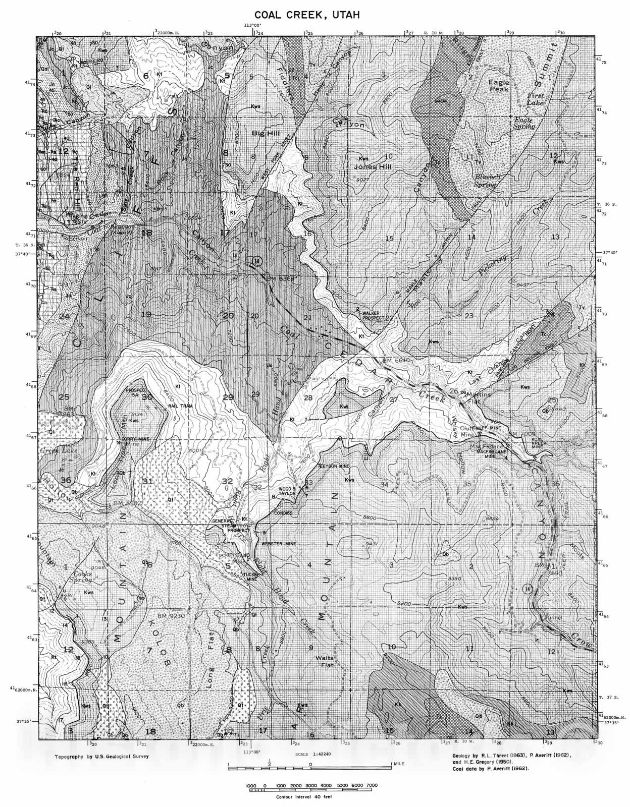 Map : Coal and geology map, Coal Creek [Cedar City, Cedar Mountain, Flanigan Arch, and Webster Flat] quadrangle, 1972 Cartography Wall Art :