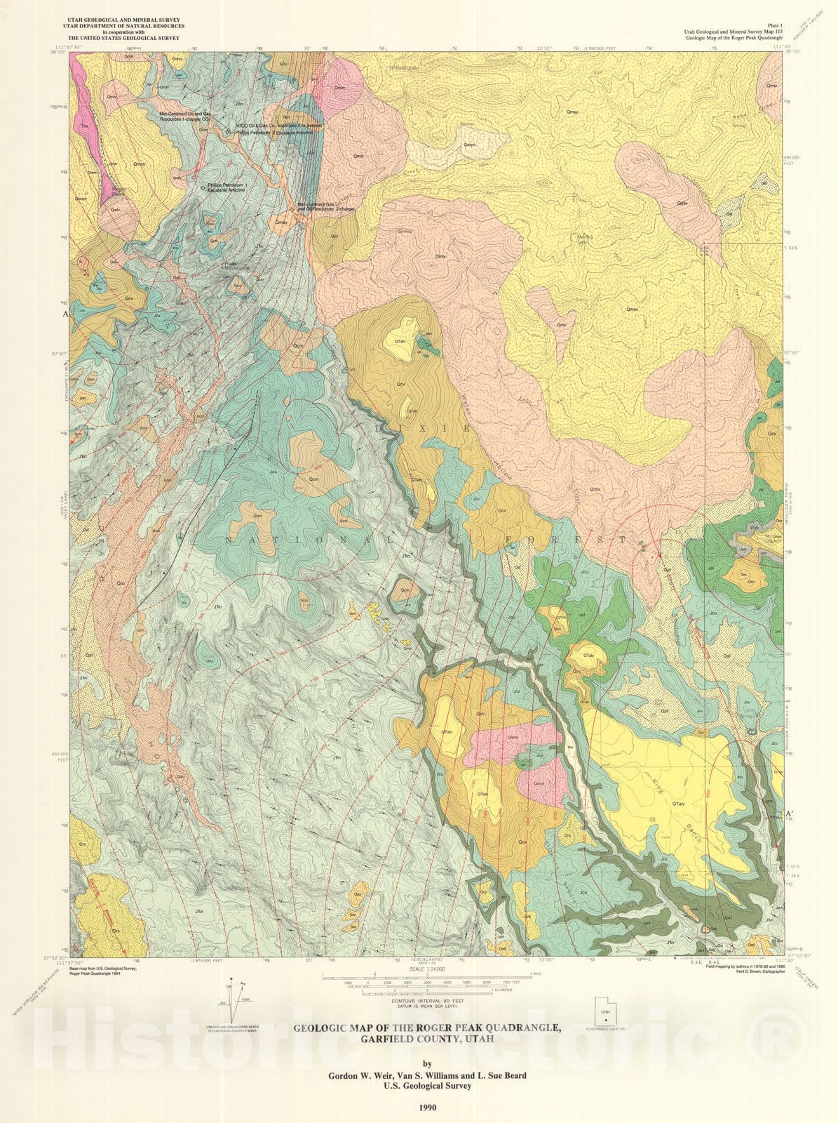 Map : Geologic map of the Roger Peak quadrangle, Garfield County, Utah, 1990 Cartography Wall Art :