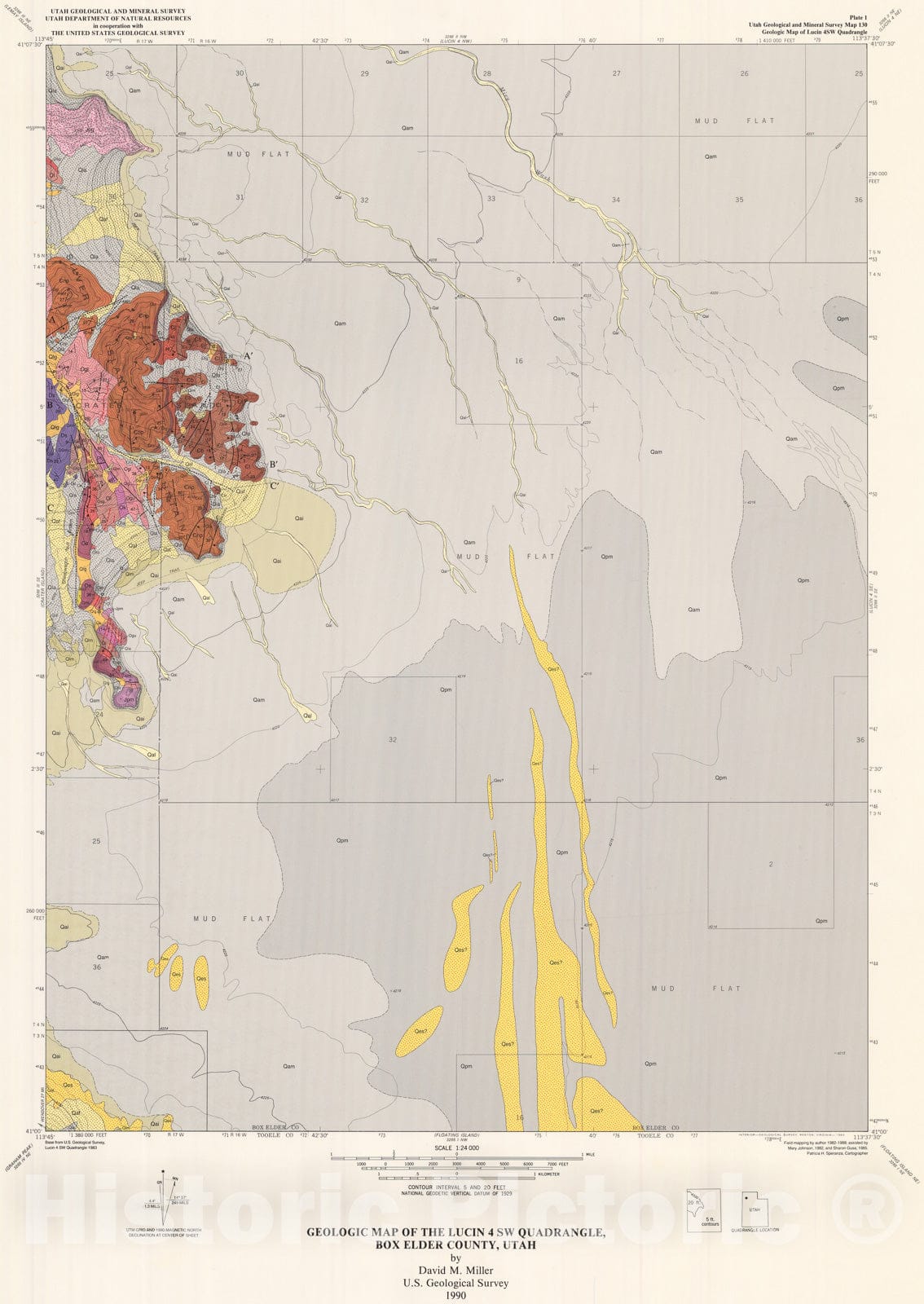 Map : Geologic map of the Lucin four SW quadrangle, Box Elder County, Utah, 1990 Cartography Wall Art :