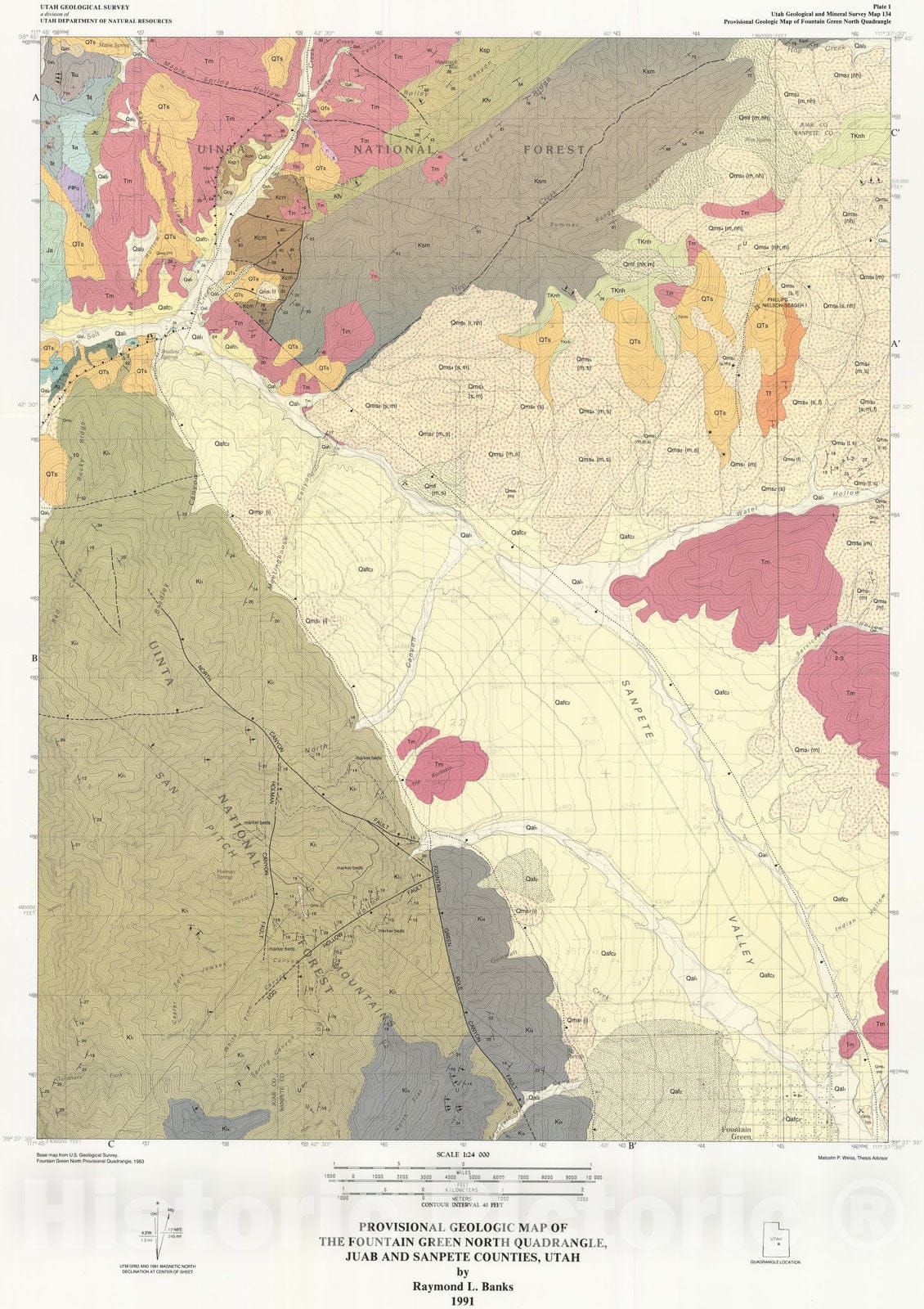 Map : Provisional geologic map of the Fountain Green North quadrangle, Sanpete and Juab Counties, Utah, 1991 Cartography Wall Art :