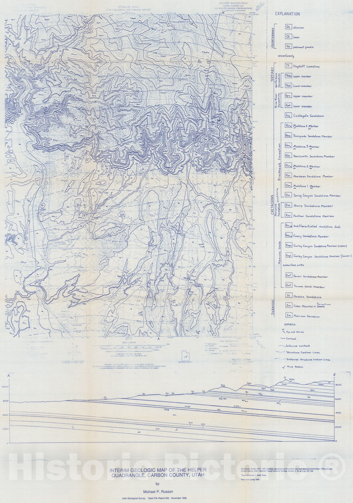 Map : Interim geologic map of the Helper quadrangle, Carbon County, Utah, 1992 Cartography Wall Art :