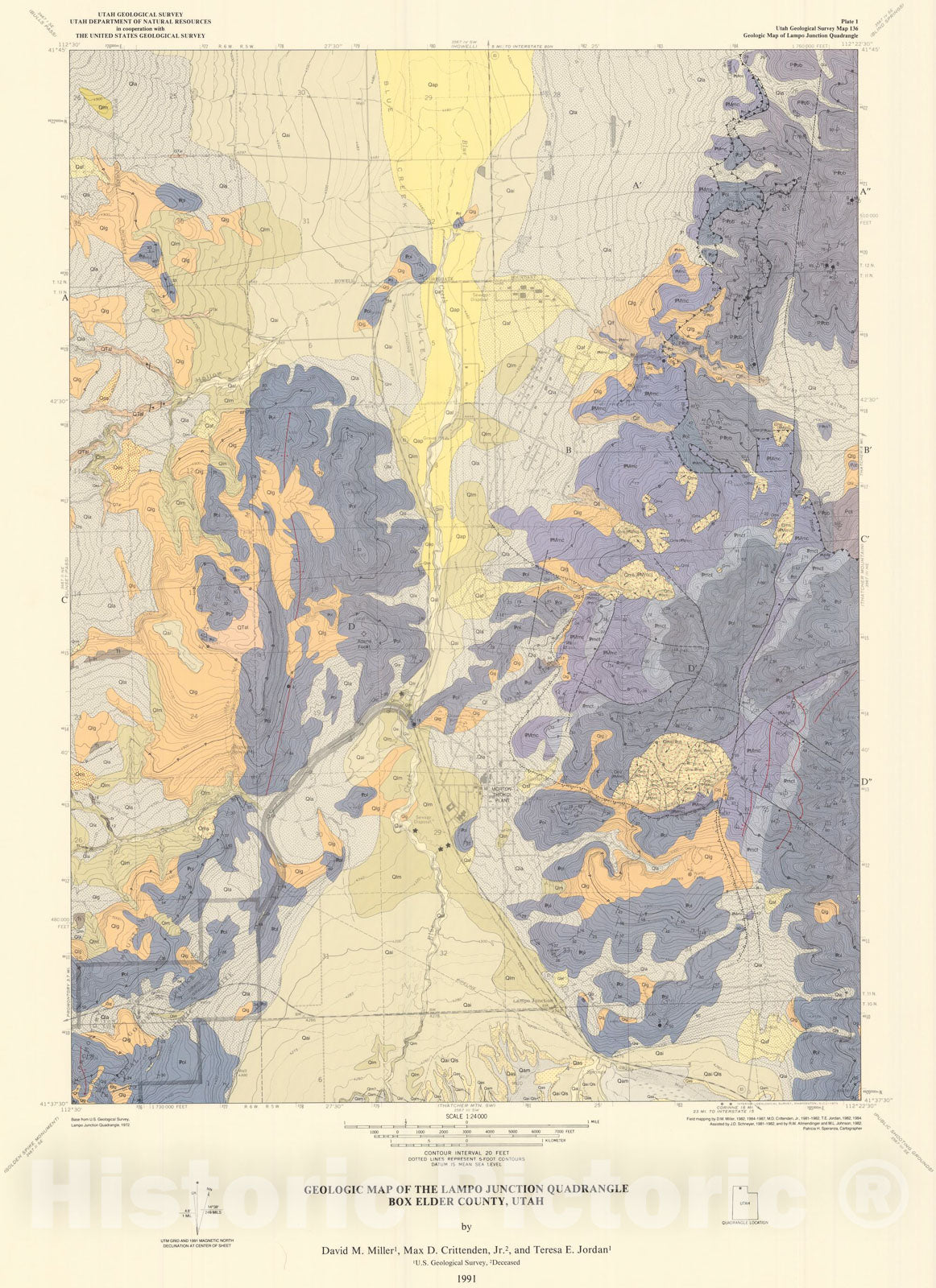 Map : Geologic map of the Lampo Junction quadrangle, Box Elder County, Utah, 1991 Cartography Wall Art :
