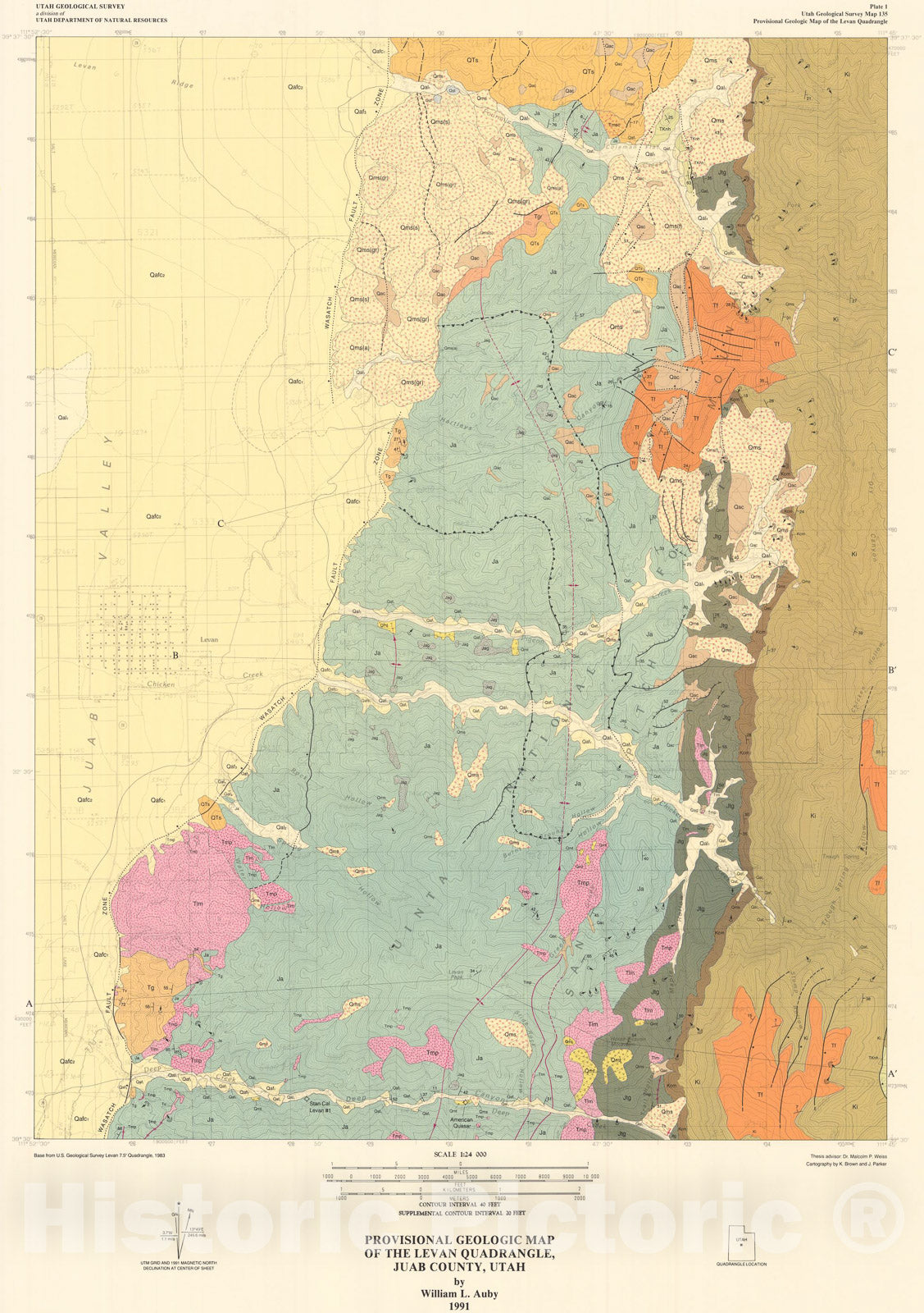 Map : Provisional geologic map of the Levan quadrangle, Juab County, Utah, 1991 Cartography Wall Art :