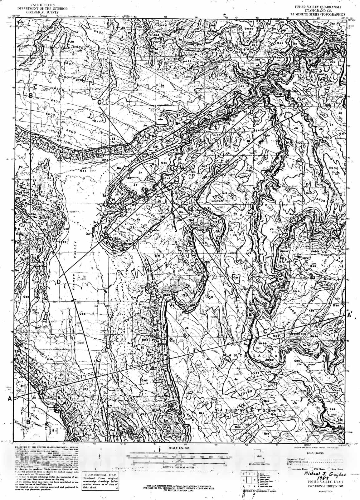Map : Provisional geologic map of the Fisher Valley quadrangle, Grand County, Utah, 1990 Cartography Wall Art :