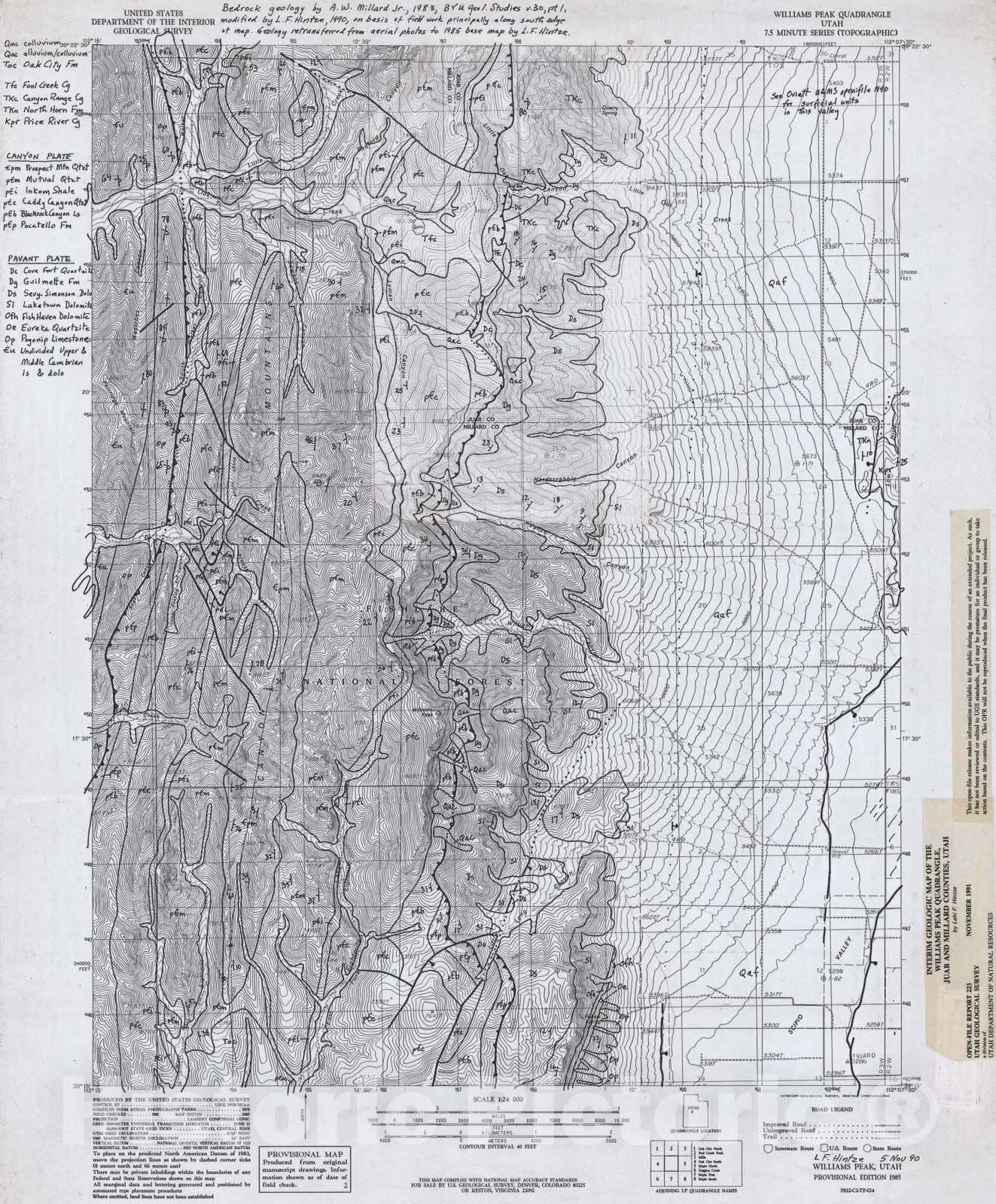 Map : Interim geologic map of the Williams Peak quadrangle, Juab and Millard Counties, Utah, 1990 Cartography Wall Art :