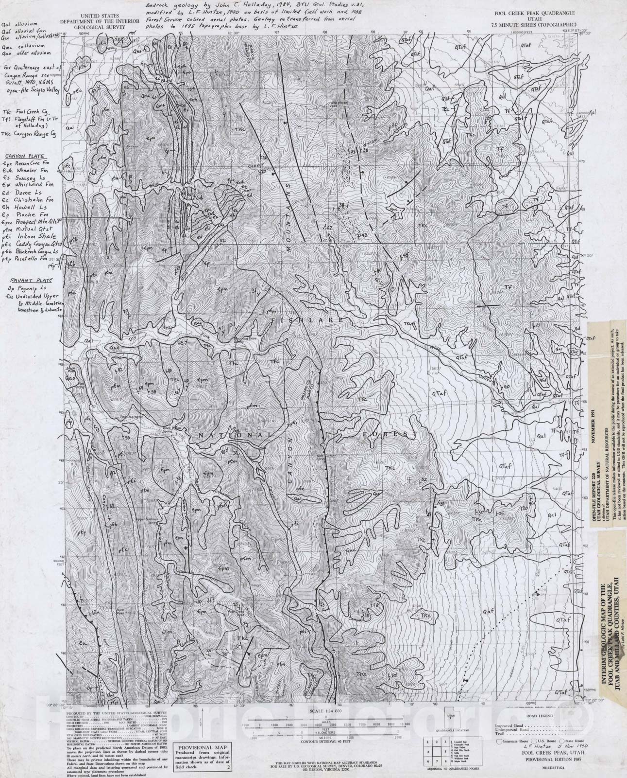 Map : Interim geologic map of the Fool Creek Peak quadrangle, Juab and Millard Counties, Utah, 1990 Cartography Wall Art :