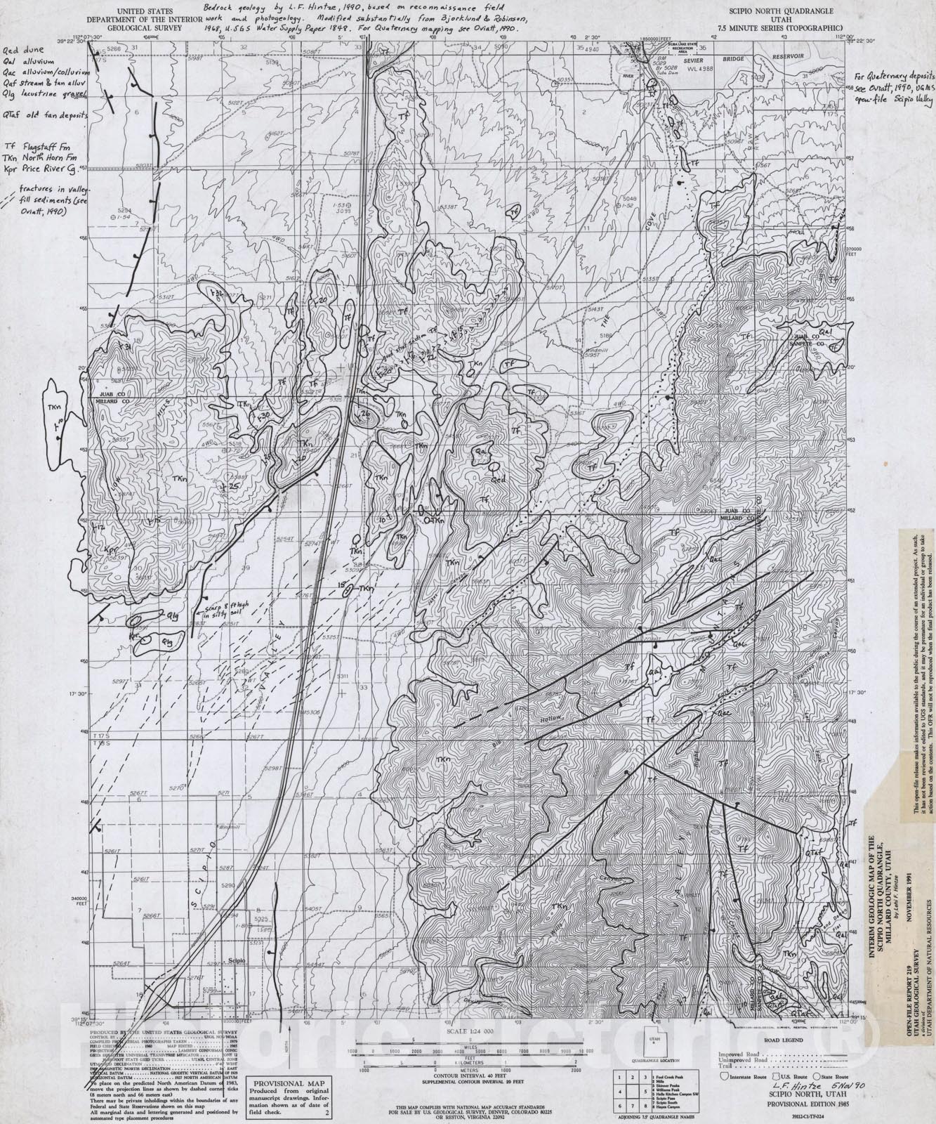 Map : Interim geologic map of the Scipio North quadrangle, Millard County, Utah, 1990 Cartography Wall Art :