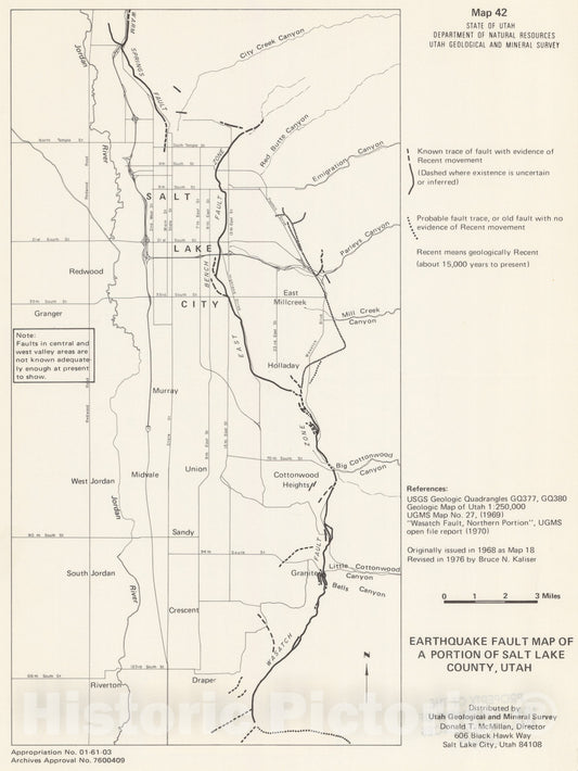 Map : Earthquake fault map of a portion of Salt Lake County, Utah, 1976 Cartography Wall Art :