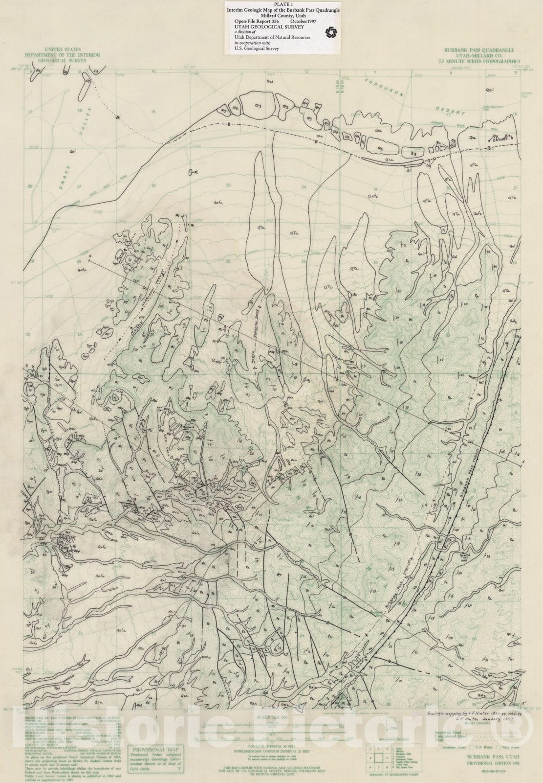 Map : Interim geologic map of the Burbank Pass quadrangle, Utah and Millard Counties, Utah, 1997 Cartography Wall Art :