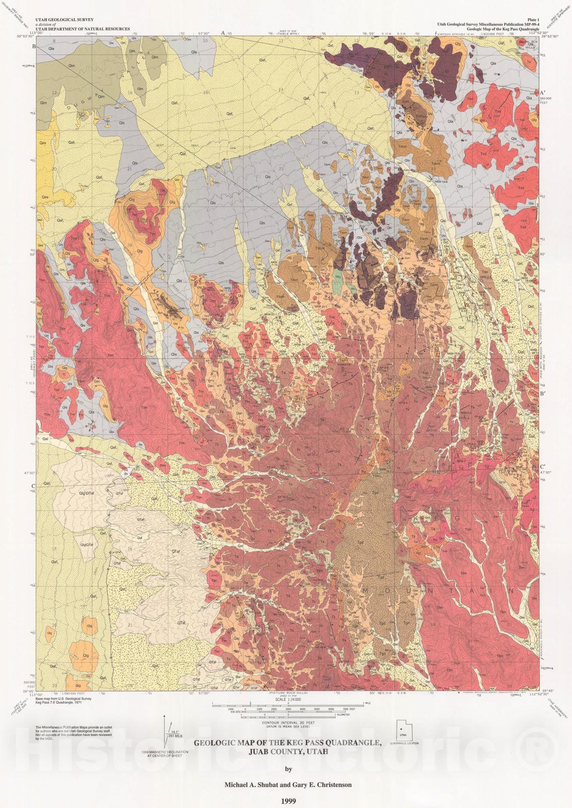Map : Geologic map of the Keg Pass quadrangle, Juab County, Utah, 1999 Cartography Wall Art :