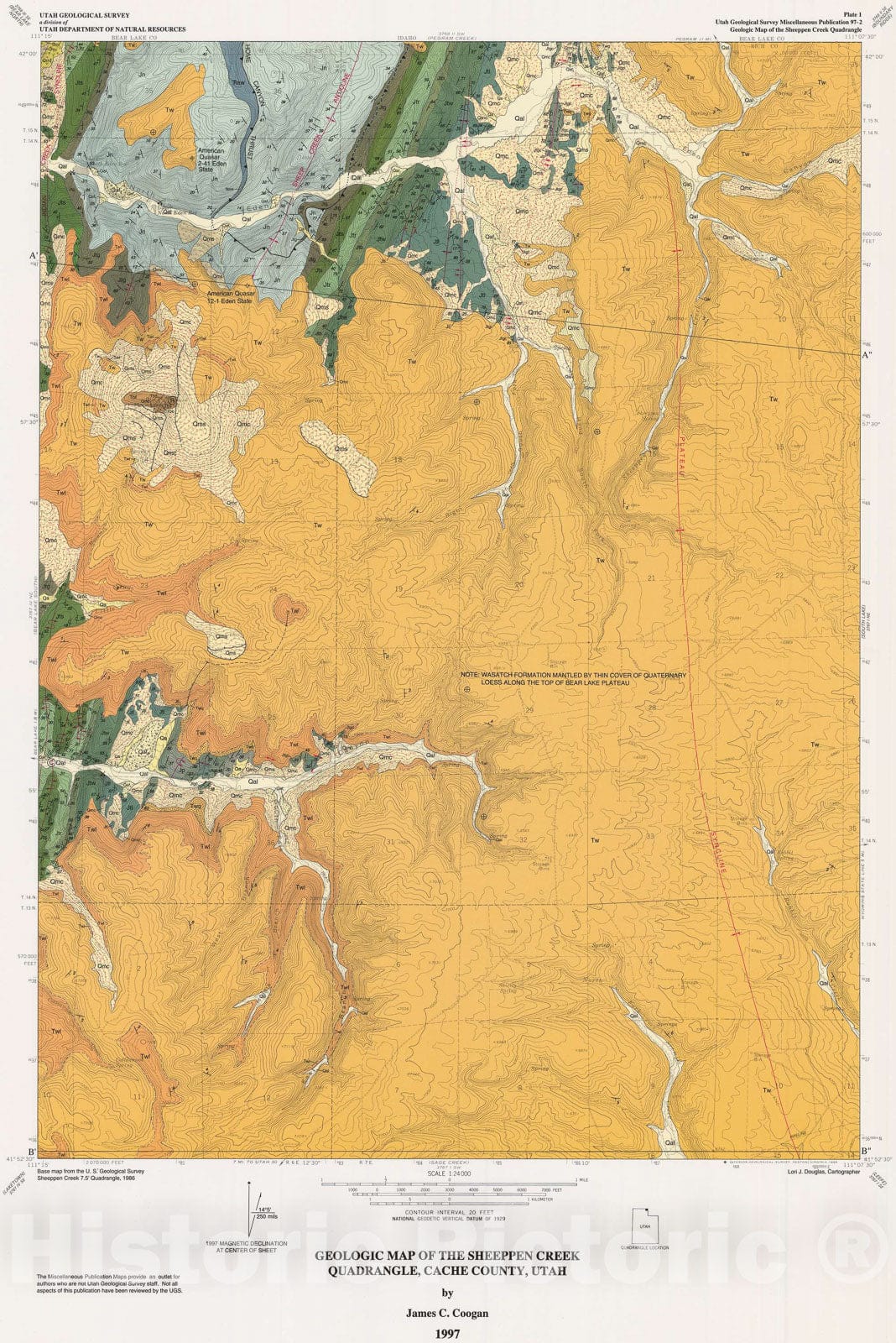 Map : Geologic map of the Sheeppen Creek quadrangle, Rich County, Utah, 1997 Cartography Wall Art :