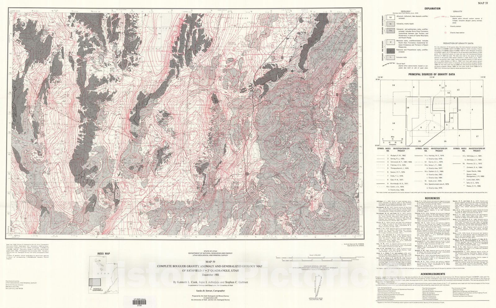Map : Complete Bouguer gravity anomaly and generalized geology map of Richfield 1x2 degree quadrangle, Utah, 1981 Cartography Wall Art :