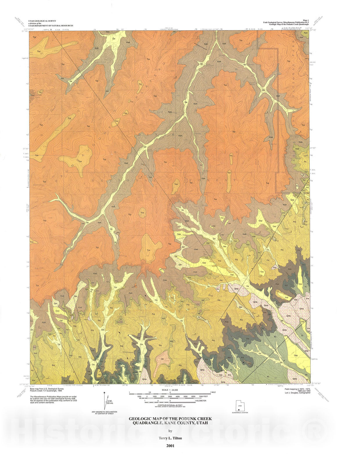 Map : Geologic map of the Podunk Creek quadrangle, Kane County, Utah, 2001 Cartography Wall Art :