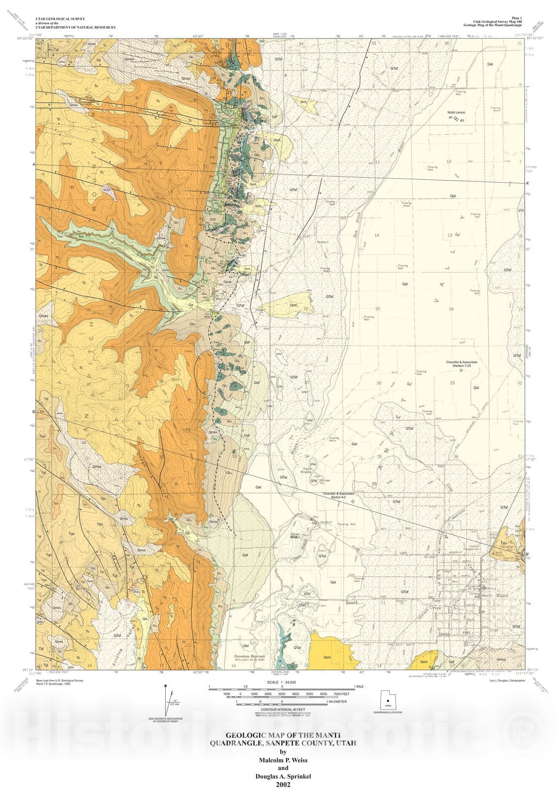 Map : Geologic map of the Manti 7.5-minute quadrangle, Sanpete County, Utah, 2002 Cartography Wall Art :