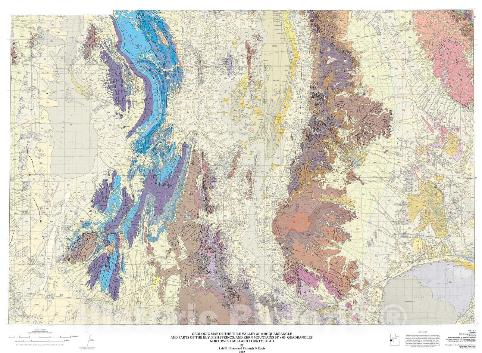 Map : Geologic map of the Tule Valley 30'x60' quadrangle and parts of the Ely, Fish Springs, and Kern Mountains 30'x60' quadrangles, nor, 2002 Cartography Wall Art :