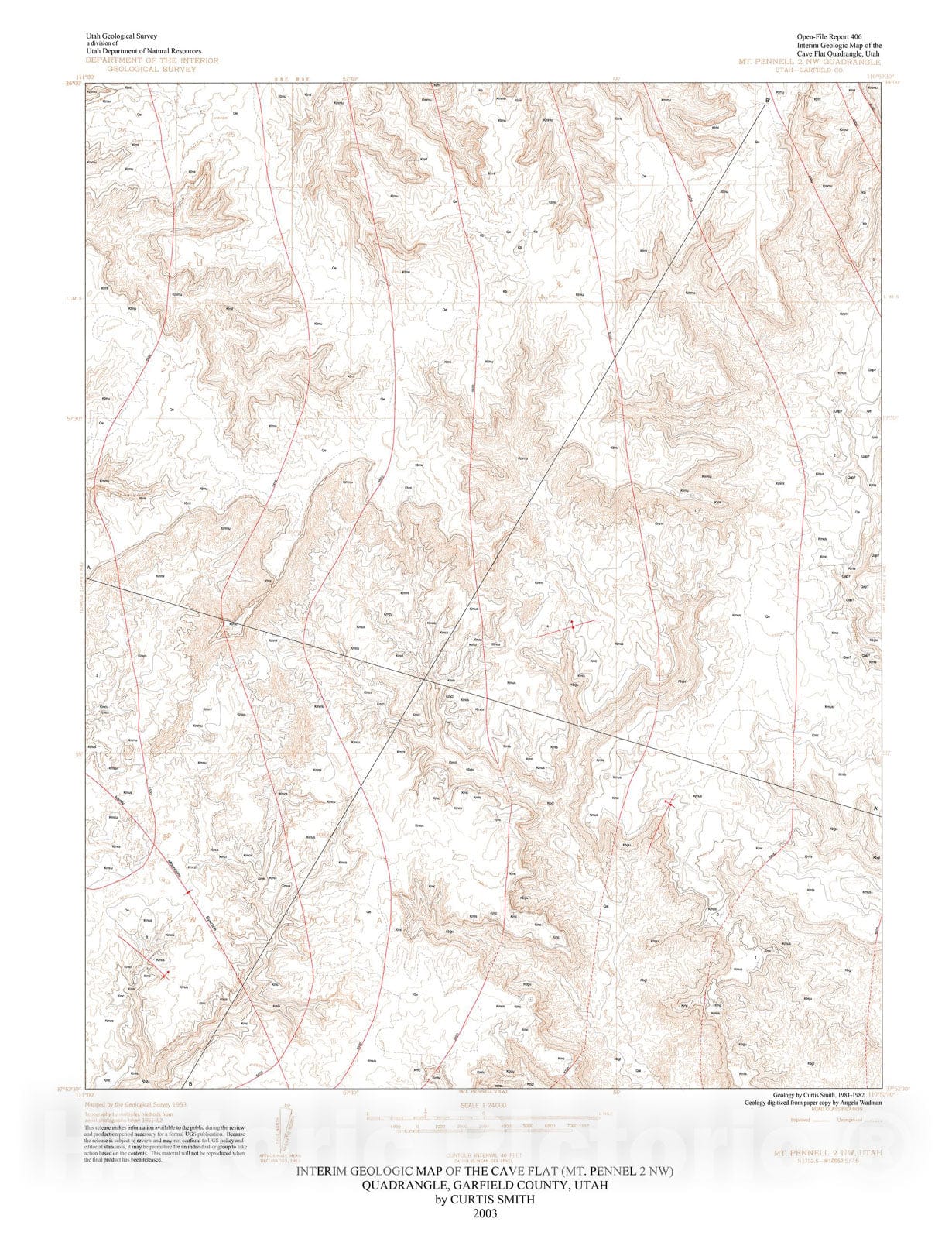 Map : Interim geologic map of the Cave Flat (Mt. Pennell two NW) quadrangle, Garfield County, Utah, two003 Cartography Wall Art :