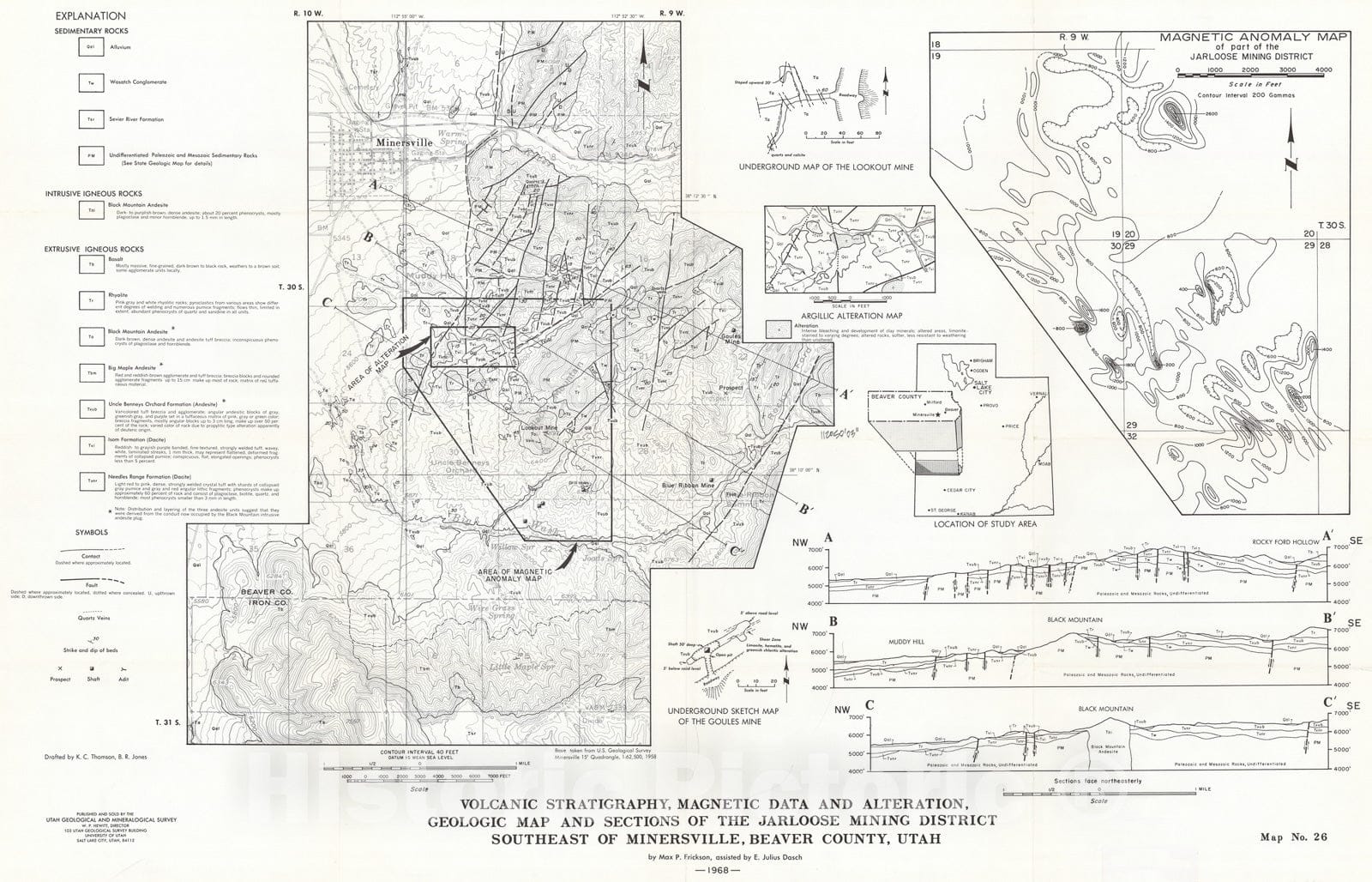 Map : Volcanic stratigraphy, magnetic data and alteration, geologic map and sections of the Jarloose mining district southeast of Miners, 1968 Cartography Wall Art :
