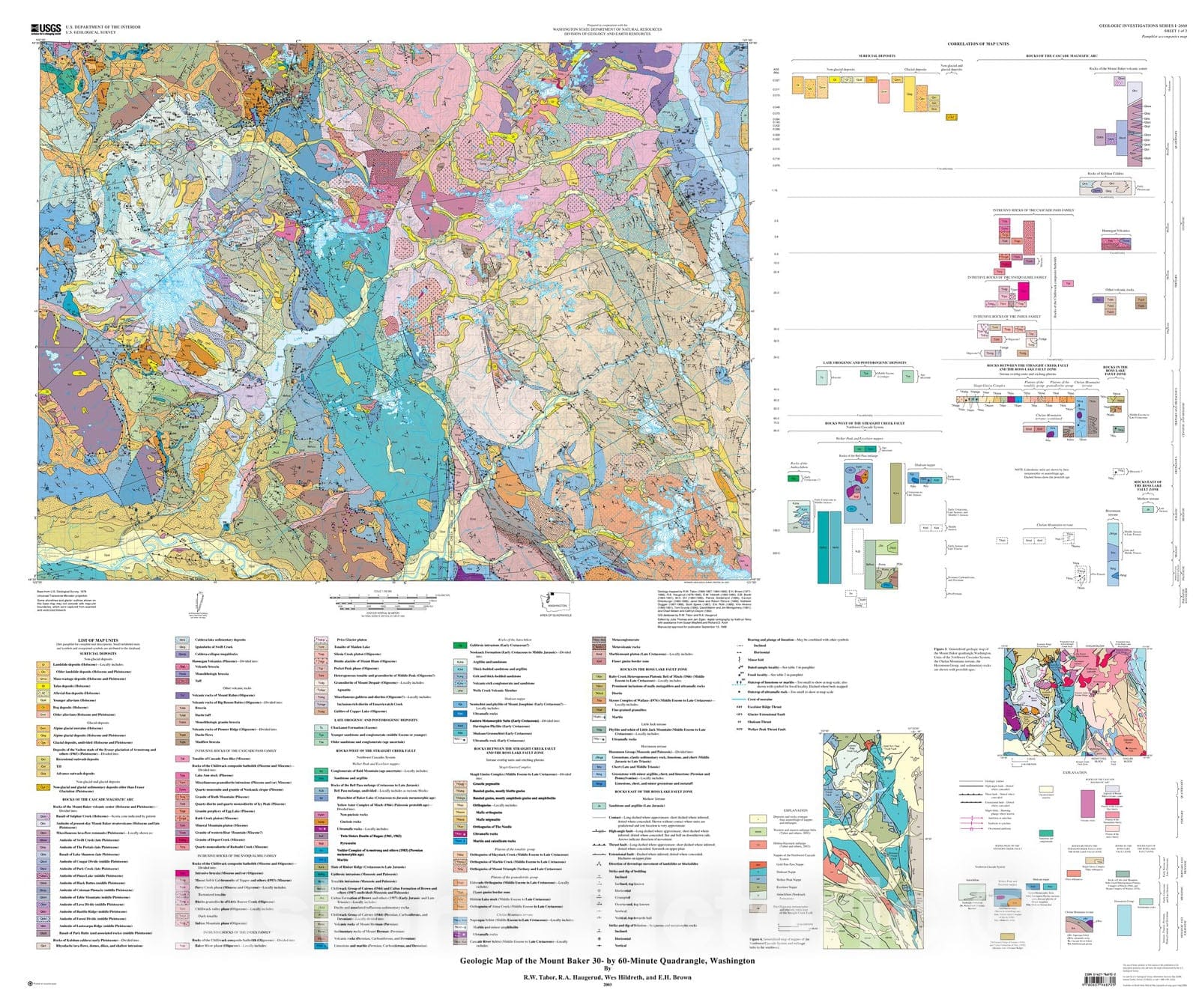 Map : Geologic map of the Mount Baker 30- by 60-minute quadrangle, Washington, 2003 Cartography Wall Art :