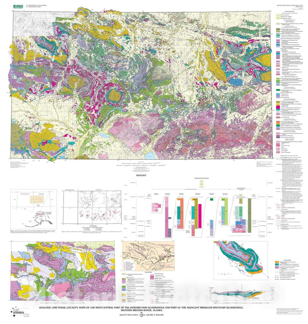Map : Geologic and fossil locality maps of the west-central part of the Howard Pass quadrangle and part of the adjacent Misheguk Mountain, 2004 Cartography Wall Art :