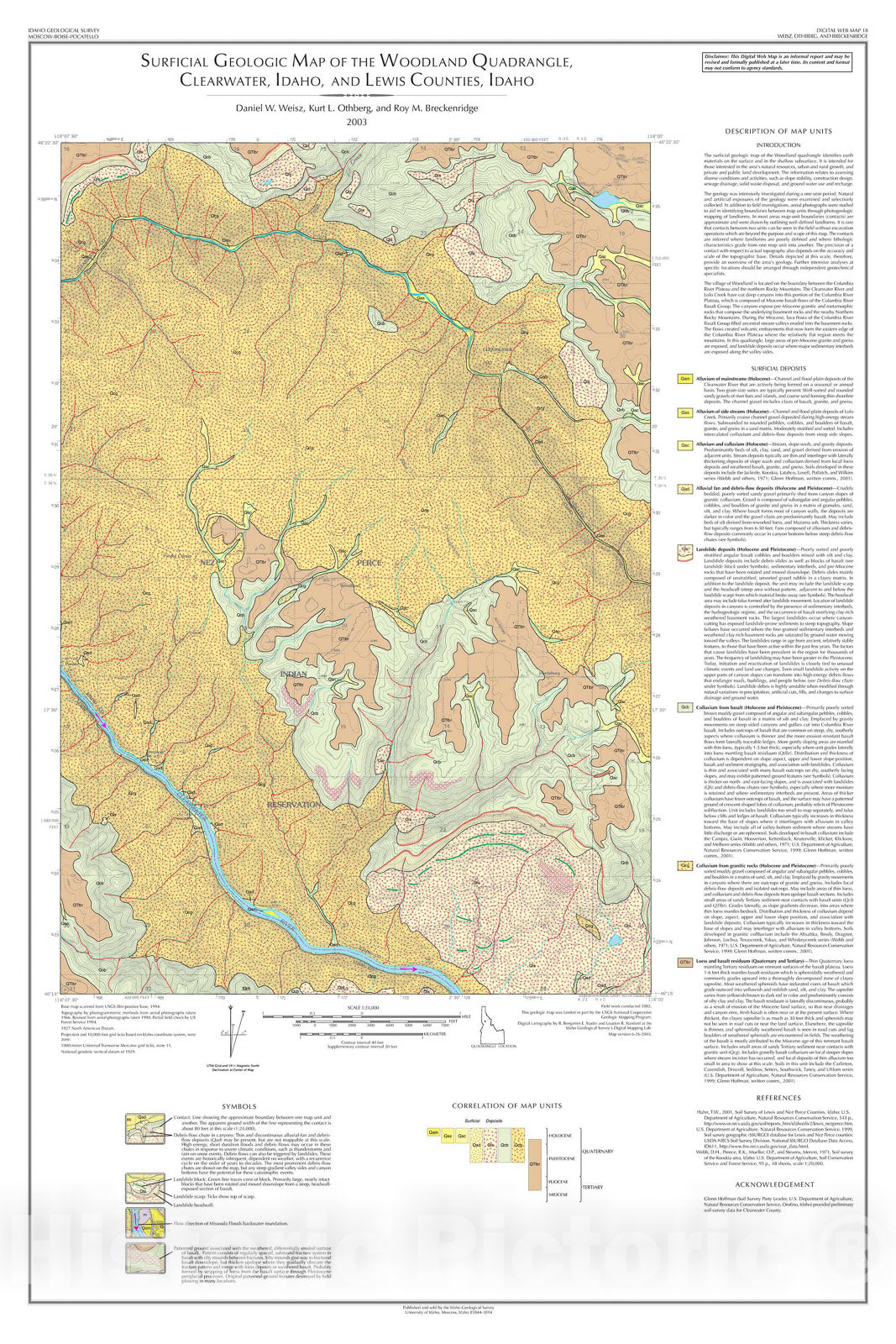 Map : Surficial Geologic Map of the Woodland Quadrangle, Clearwater, Idaho, and Lewis Counties, Idaho, 2003 Cartography Wall Art :