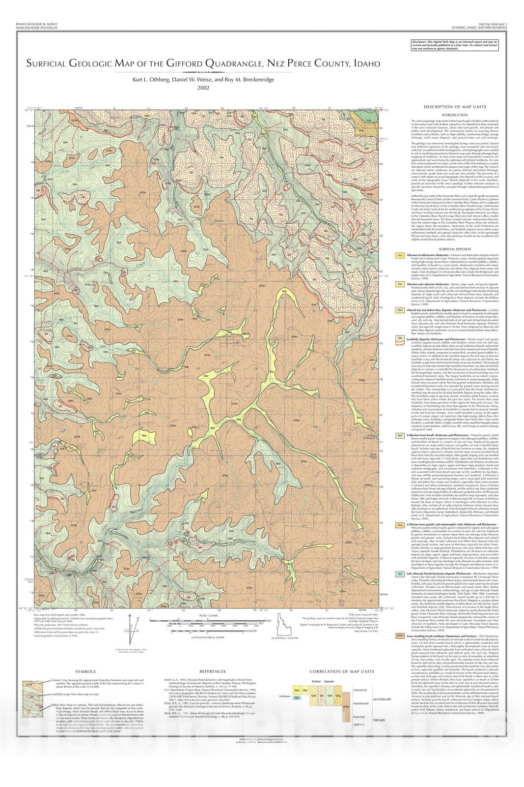 Map : Surficial geologic map of the Gifford quadrangle, Nez Perce County, Idaho, 2002 Cartography Wall Art :
