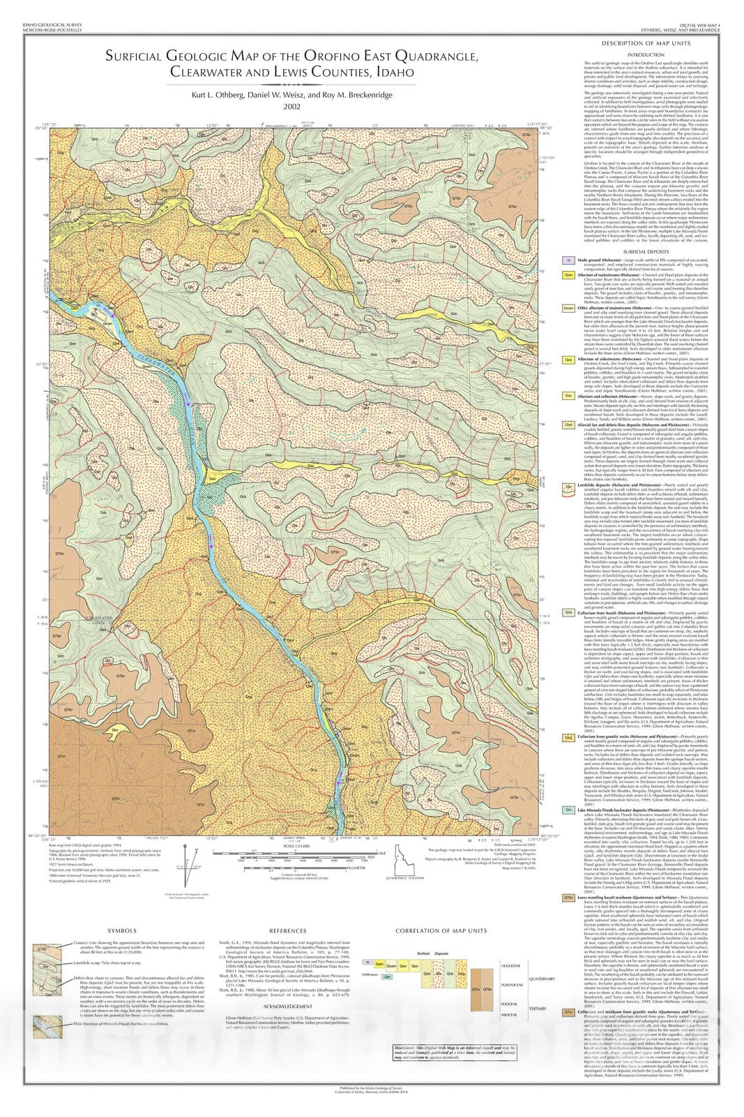 Map : Surficial geologic map of the Orofino East quadrangle, Clearwater and Lewis Counties, Idaho, 2002 Cartography Wall Art :