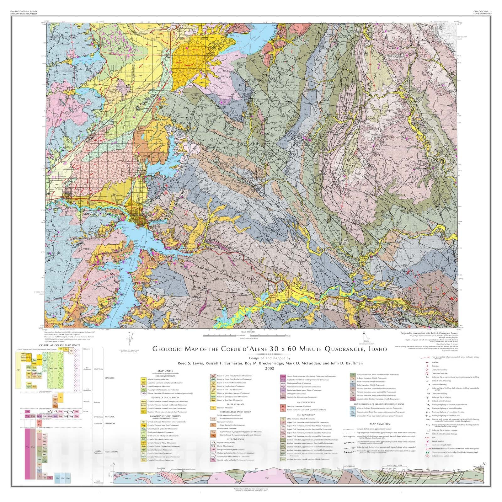 Map : Geologic map of the Coeur d'Alene thirty x sixty minute quadrangle, Idaho, 2002 Cartography Wall Art :