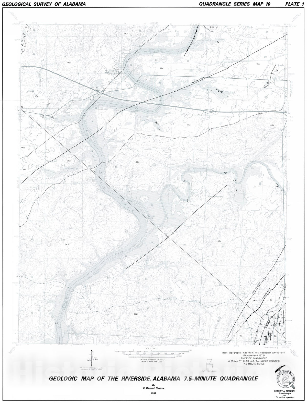 Map : Geology of the Riverside quadrangle, St. Clair and Talladega Counties, Alabama, 1993 Cartography Wall Art :