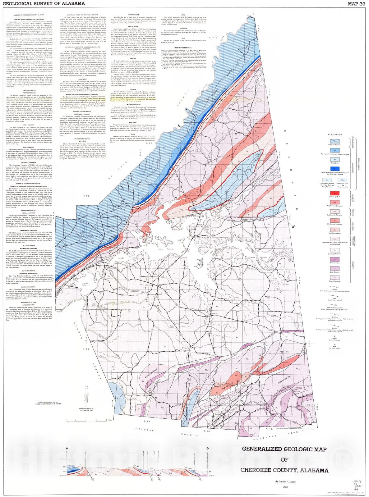 Map : Geologic map of Cherokee County, Alabama, 1965 Cartography Wall Art :