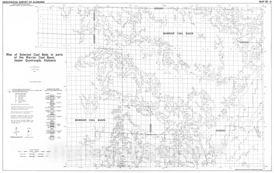 Map : Map of selected coal beds in parts of the Warrior coal basin, Jasper Quadrangle, Alabama, 1981 Cartography Wall Art :