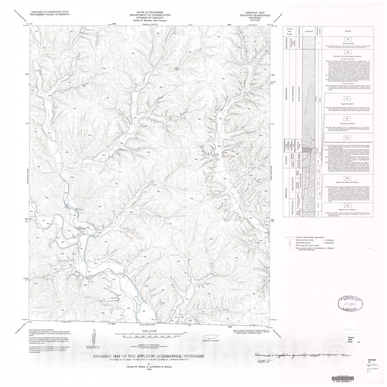 Map : Geologic Map and Mineral Resources Summary of the Appleton Quadrangle (Including the Tennessee Portion of the Union Hill Quadrangle, Alabama-Tennessee), 1972 Cartography Wall Art :