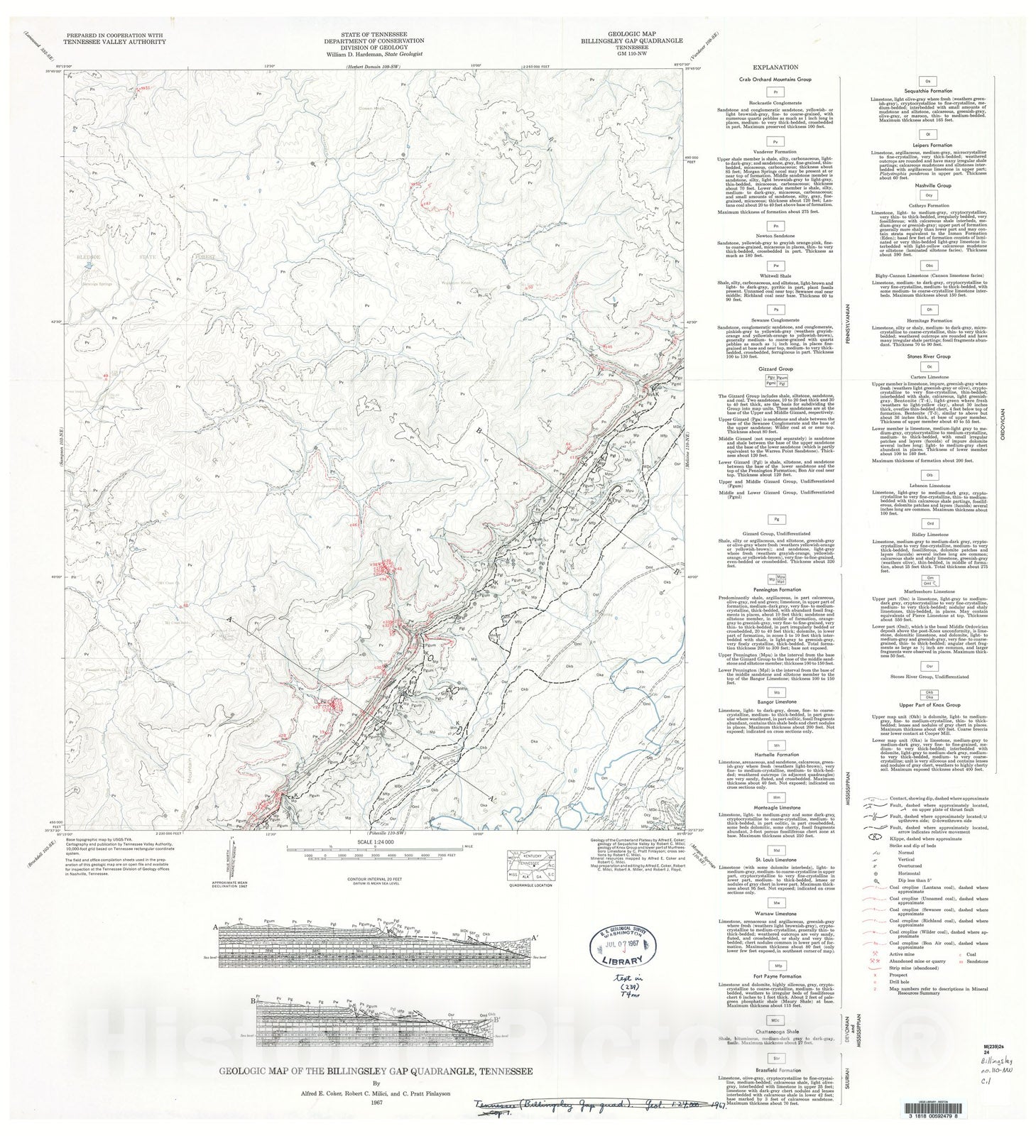 Map : Geologic Map and Mineral Resources Summary of the Billingsley Gap Quadrangle, 1967 Cartography Wall Art :